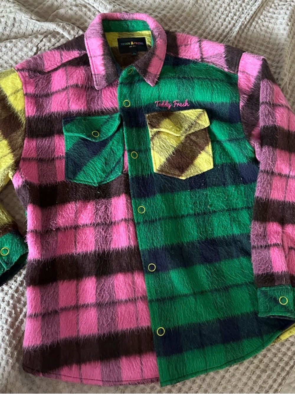 Teddy Fresh Colorblock Fuzzy Plaid Shacket